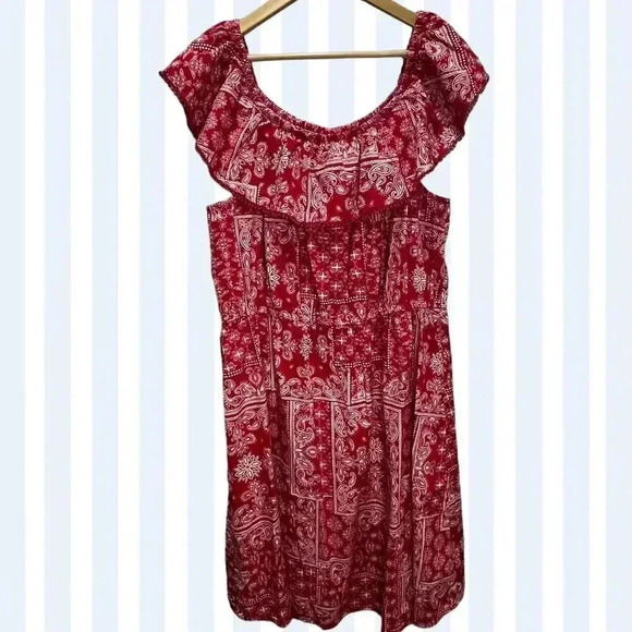 Faded Glory Women's Off Shoulder Red Paisley Dress Summer Vintage Style Size 20 - Picture 1 of 6
